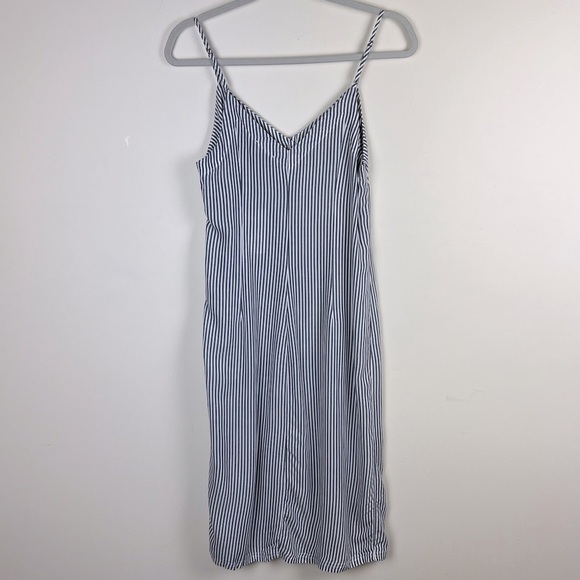 7 For All Mankind | Grey & White Stripe Button Sleeveless Midi Dress | XS - Picture 8 of 10